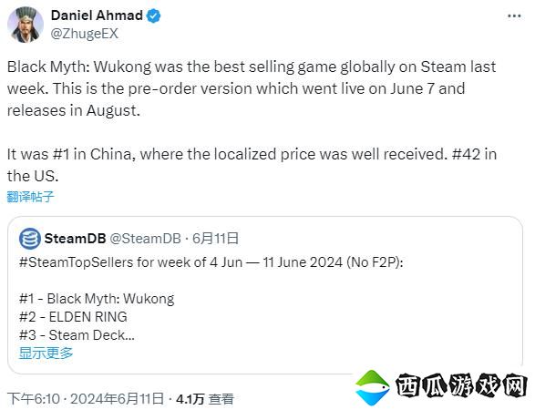 《黑神话：悟空》登顶Steam国区周销榜 国区定价契合玩家的预期