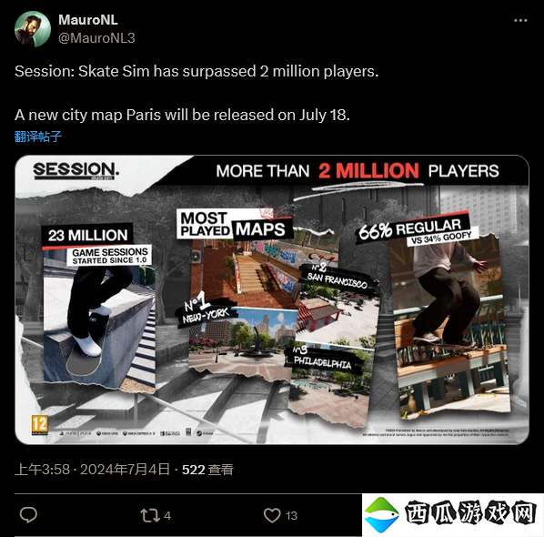 滑板游戏《Session》玩家人数突破200万 新DLC公布